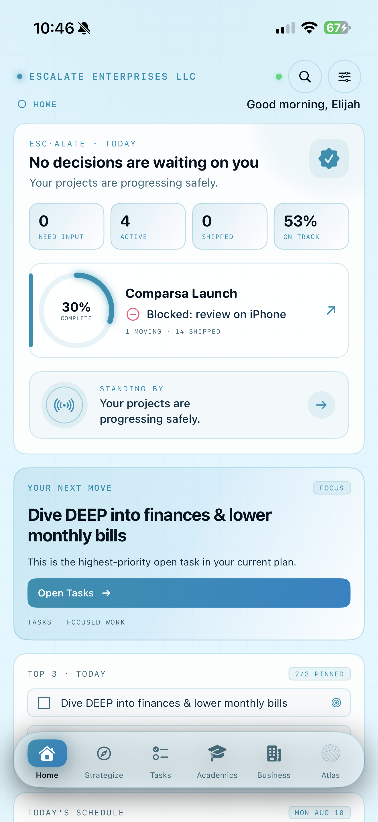 ESC·ALATE home dashboard on iPhone