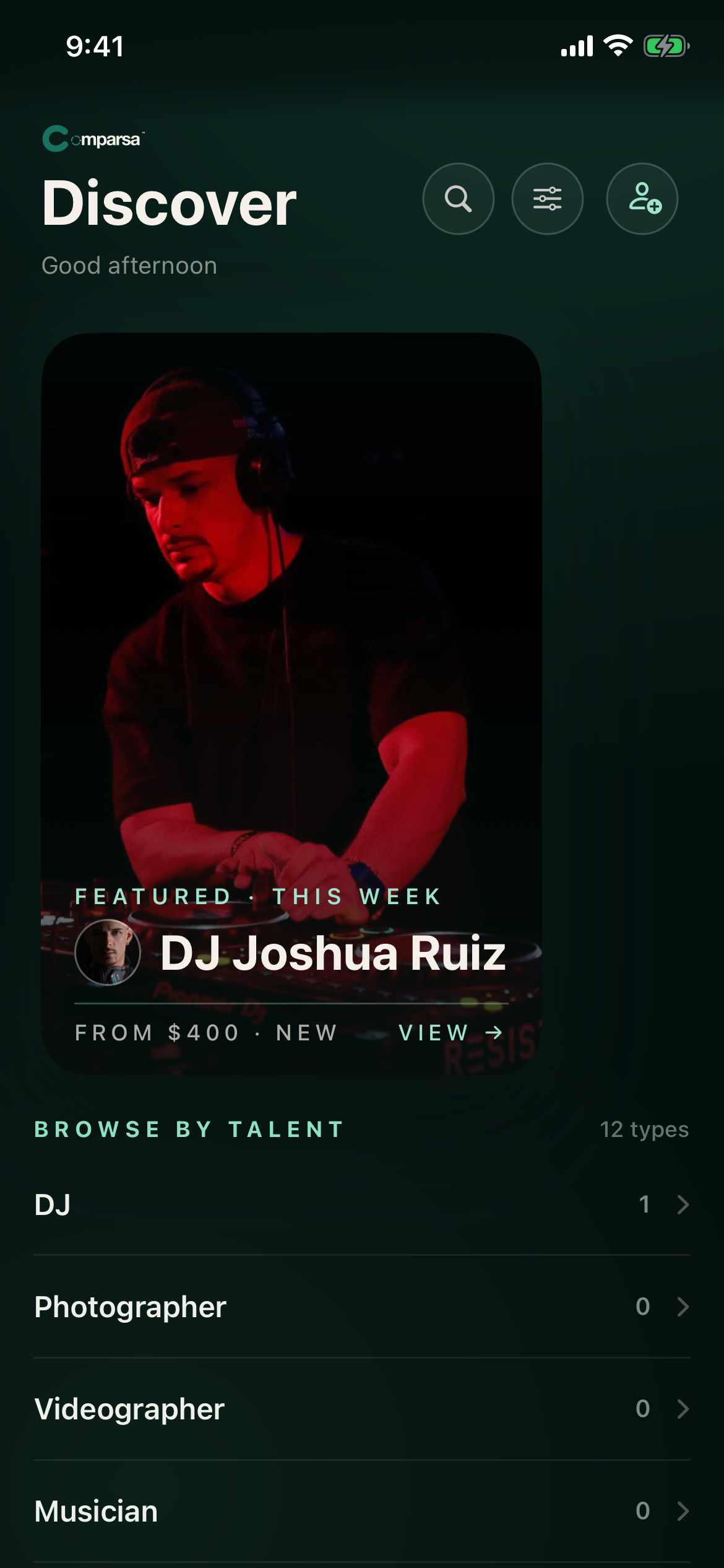 Comparsa Discover screen featuring DJ Joshua Ruiz as the featured live-event creator