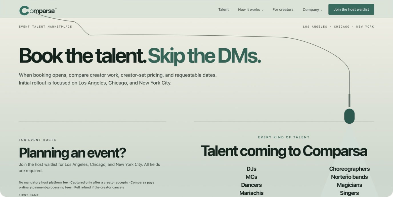 Current public Comparsa website showing the Book the talent. Skip the DMs. homepage hero