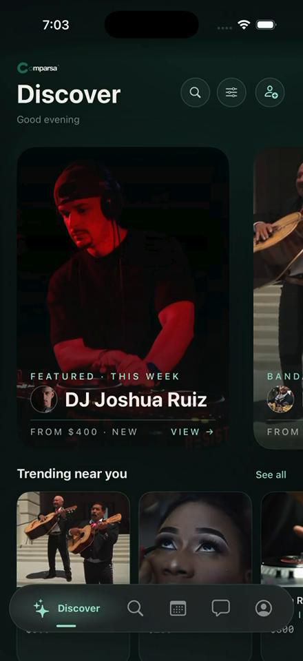 Comparsa Discover app preview, with DJ Joshua Ruiz, featured creative cards and a translucent navigation bar