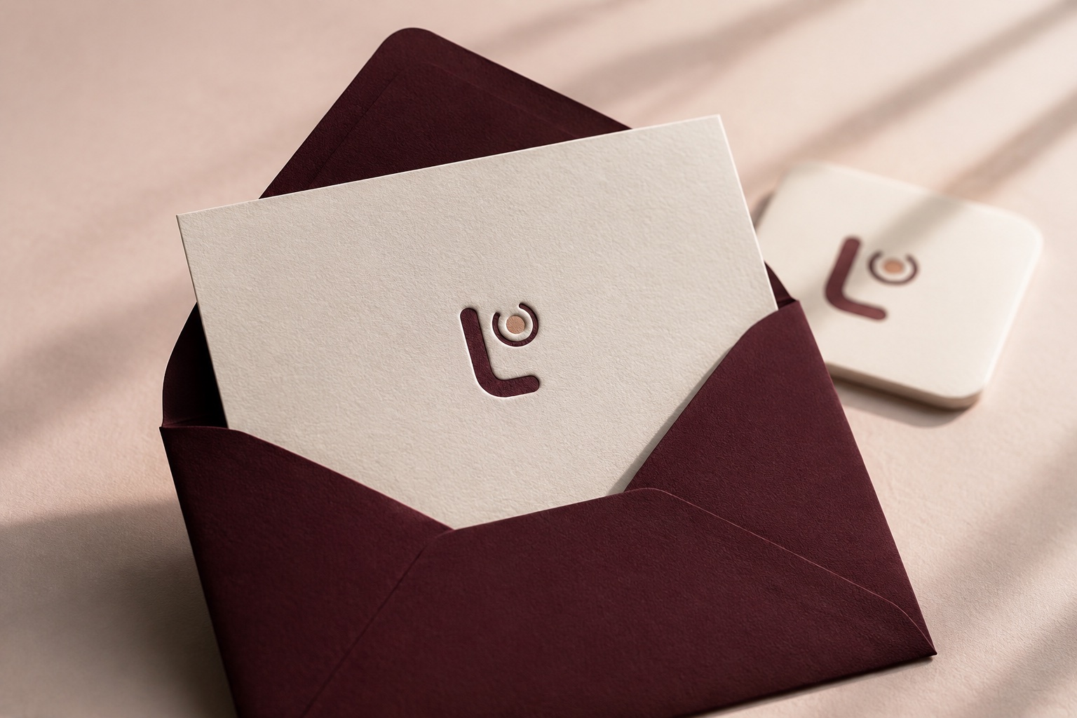 Lumva stationery and invitation envelope in cream and burgundy.