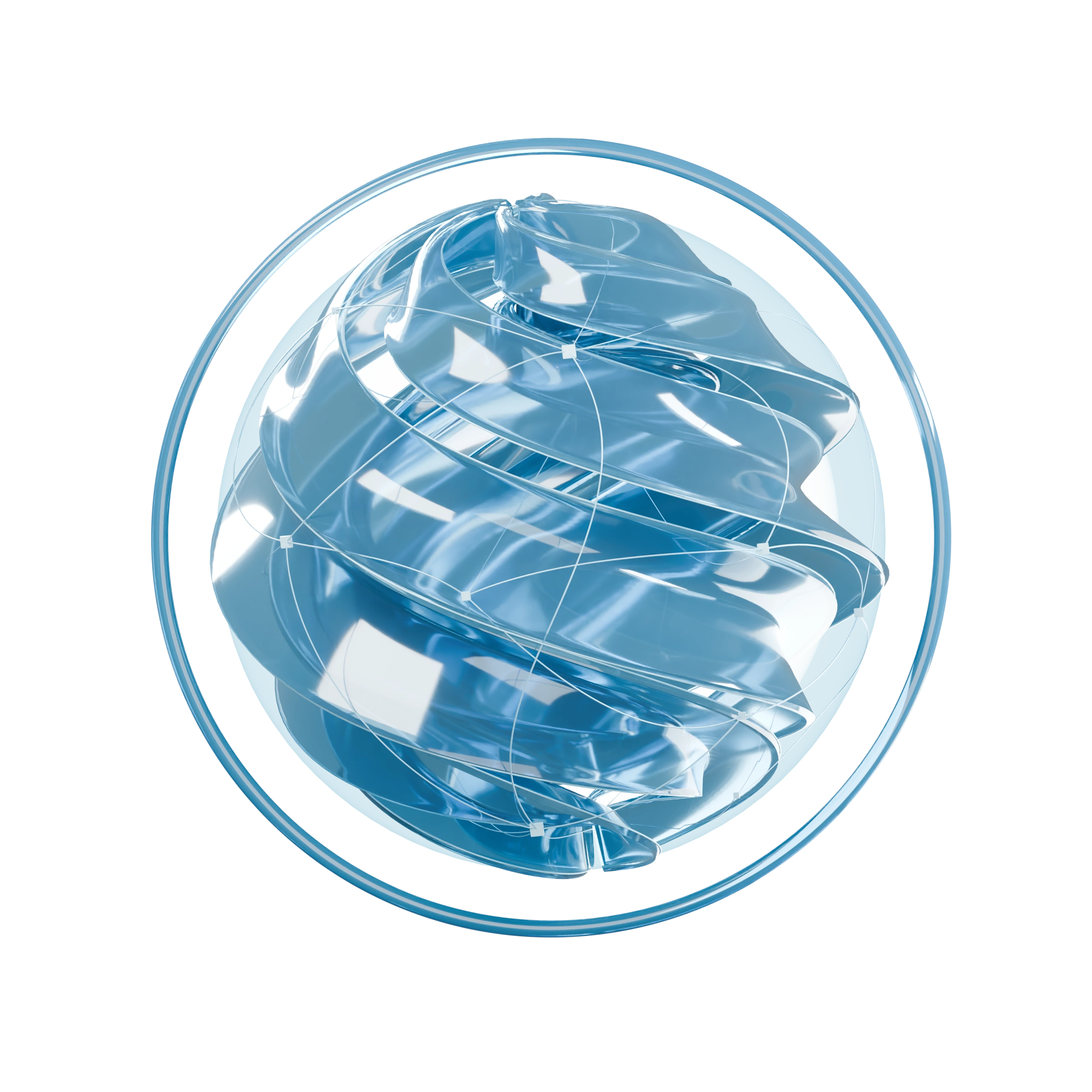 A blue glass orb with two intertwined E forms inside a smooth, complete circular rim.